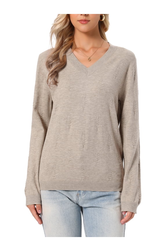 Long Sleeve Sweater for Women's V Neck Ribbed Casual Knit Pullover Tops XL Camel