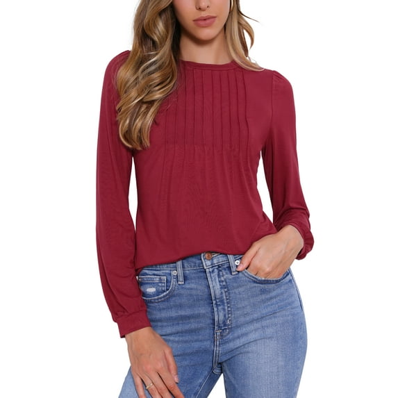 INSPIRE CHIC Long Sleeve Tops for Women's Fall Winter Pleated Round Neck Fitted Basic Tee Tops L Burgundy