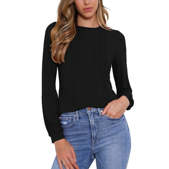 INSPIRE CHIC Long Sleeve Tops for Women's Fall Winter Pleated Round Neck Fitted Basic Tee Tops M Black
