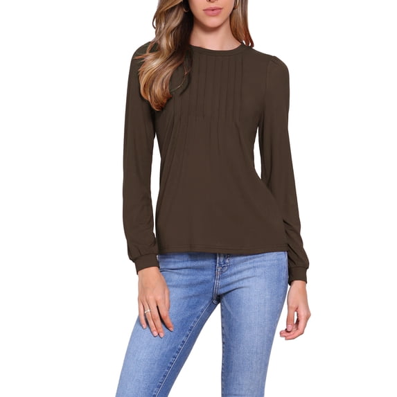 INSPIRE CHIC Long Sleeve Tops for Women's Fall Winter Pleated Round Neck Fitted Basic Tee Tops XS Dark Brown
