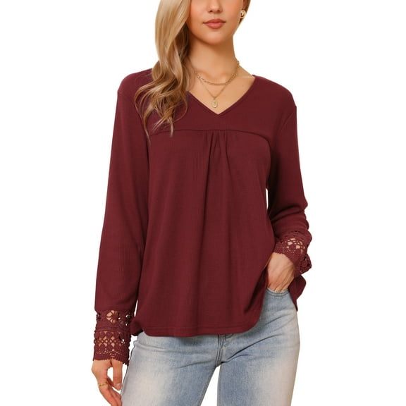 INSPIRE CHIC Long Sleeve V Neck Blouse for Women's Loose Fit Casual Tops Fall Winter Basic t Shirts XS Wine Red