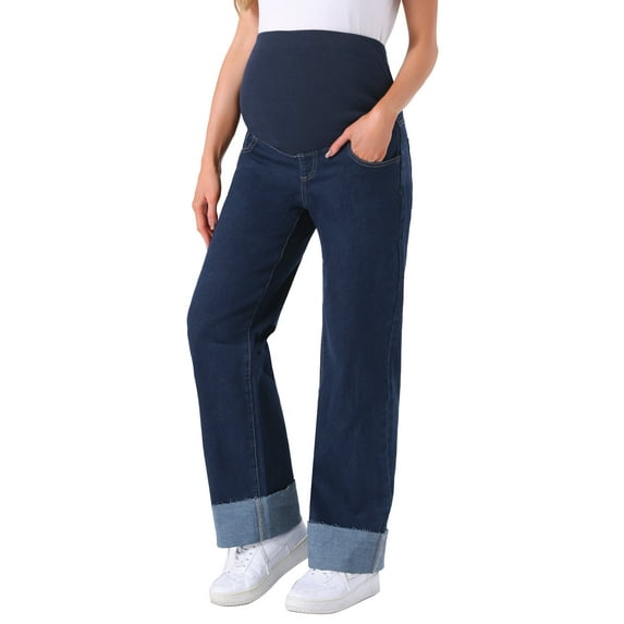 INSPIRE CHIC Women Maternity Jeans Straight Leg Cuffed Comfy Stretch Over Belly Support Pregnant Denim Work Pants XXL Black Blue