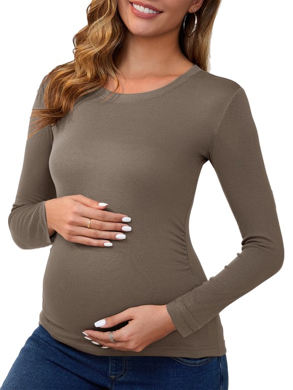 Women's Maternity Ruched Tops Long Sleeve Shirts Casual Blouses Basic T-Shirt Clothing 2025 X-Large Camel