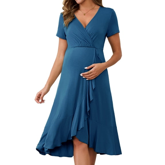 INSPIRE CHIC Women's Maternity Wrap Dress V Neck Ruffle Hem Semi Formal Shower Photoshoot Party Cocktail Pregnant Dresses Lake Blue M