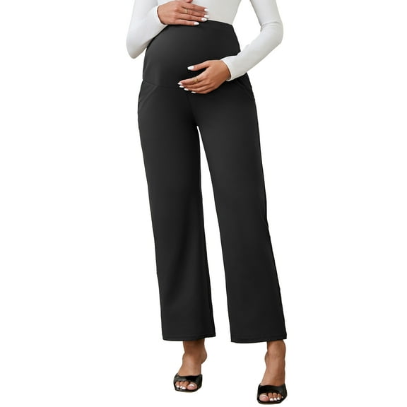 INSPIRE CHIC Women's Wide Leg Maternity Pants Over the Belly Elastic Stretch Pregnancy Trousers with Pockets Black XX-Large