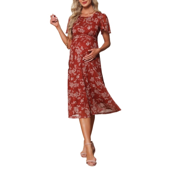 INSPIRE CHIC Women's Maternity Flowy Floral Dress Midi Formal Casual Pregnancy Dress 2026 Summer L Brown Dress & White Flower