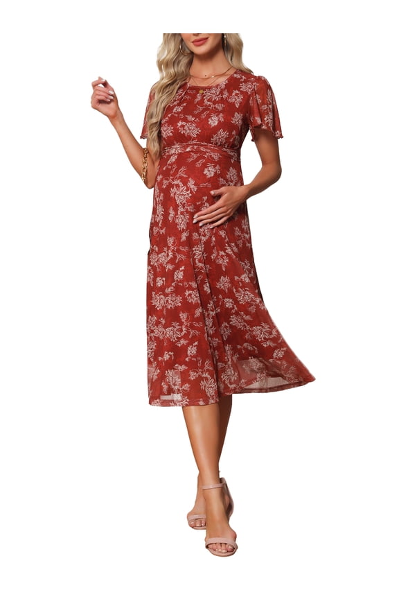 Women's Maternity Flowy Floral Dress Midi Formal Casual Pregnancy Dress 2026 Summer M Brown Dress & White Flower
