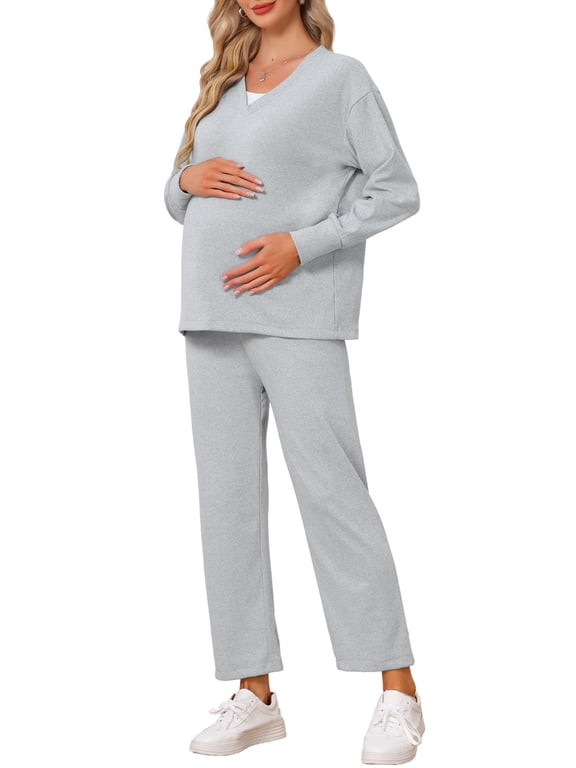 Maternity Lounge Set Long Sleeves Sweatsuit Top and Pants Set for Comfortable Casual Wear L Gray