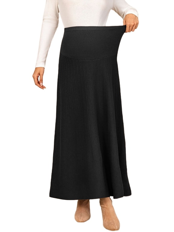 Maternity Skirt Over Belly Midi High Waist Solid Work Skirt Stretchy Vertical Ribbed Office Wear S Black