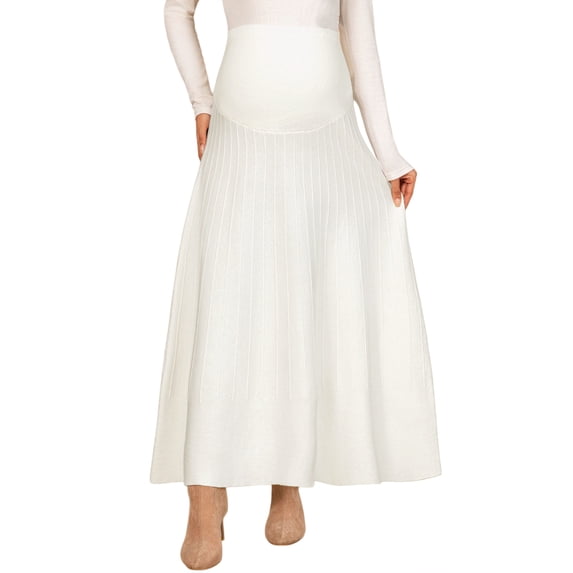 INSPIRE CHIC Maternity Skirt Over Belly Midi High Waist Solid Work Skirt Stretchy Vertical Ribbed Office Wear S White