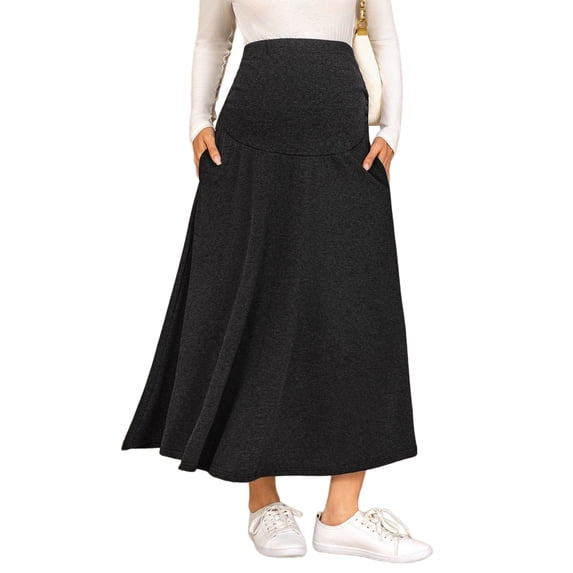 INSPIRE CHIC Maternity Skirt with Pockets Over Belly Maxi High Waist A-line Solid Stretchy Work Skirt Stretchy Office Wear XX-Large Dark Gray