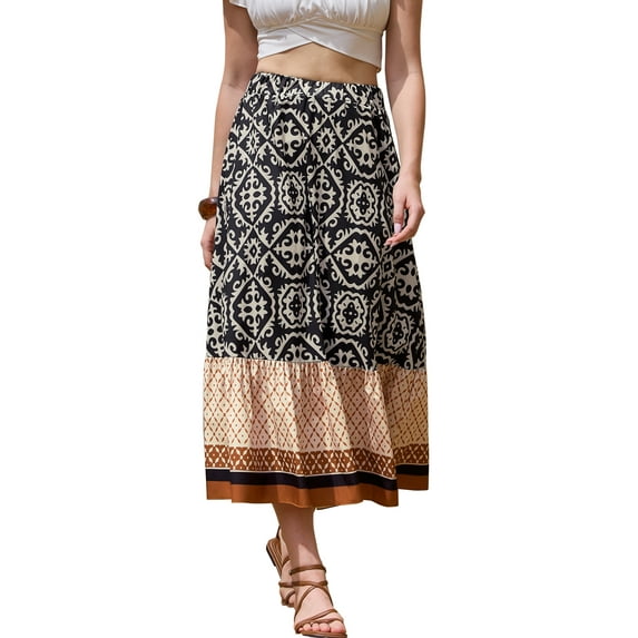 INSPIRE CHIC Maxi Boho Skirt for Women's A-Line High Waist Vacation Color Block Skirts S Black