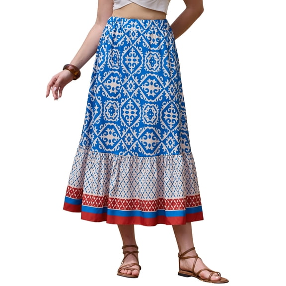 INSPIRE CHIC Maxi Boho Skirt for Women's A-Line High Waist Vacation Color Block Skirts S Blue