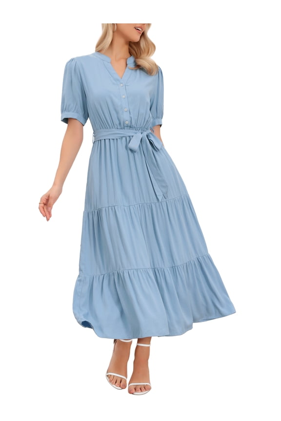 Maxi Dresses for Women's Puff Sleeve Button Down Short Sleeve V Neck Belted Long Flowy Summer Dress L Blue