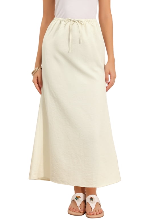 Maxi Skirt for Women Casual Fishtail Elastic Waist Drawstring Back Slit Long Flared Skirts XS Beige