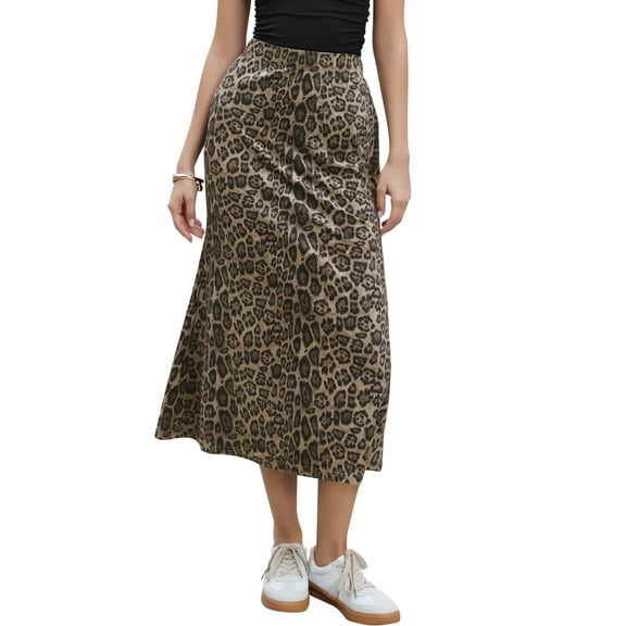INSPIRE CHIC Maxi Skirt for Women's Leopard Print Elastic High Waisted Fishtail Long Skirts M Brown
