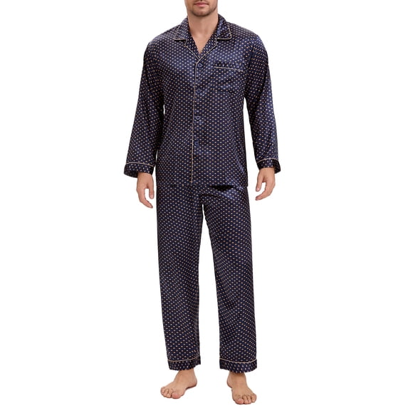 INSPIRE CHIC Men's 2 Pieces Button Down Printing Sleepshirt Casual Pattern Pajamas Set M Navy Blue