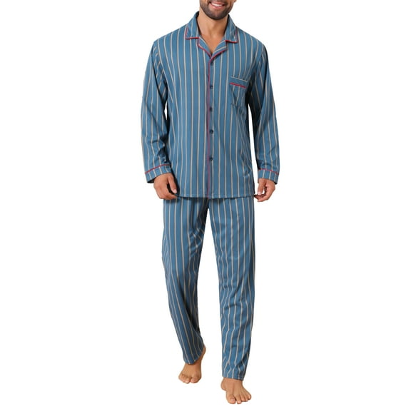 INSPIRE CHIC Men's 2 Pieces Long Sleeve Button Down Pocket Pattern Pajamas Set L Blue Khaki