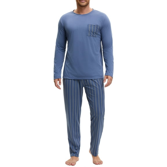 INSPIRE CHIC Men's 2 Pieces Long Sleeve Crew Neck Casual Stripes Pattern Pajamas Set S Blue Gray