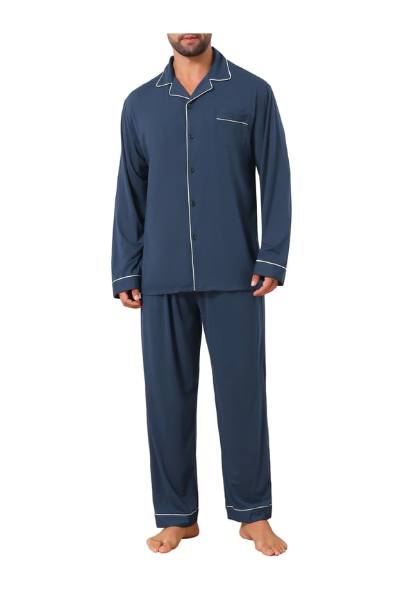 Men's 2 Pieces Long Sleeve Solid Color Button Down Casual Pajamas Set M Dark Blue