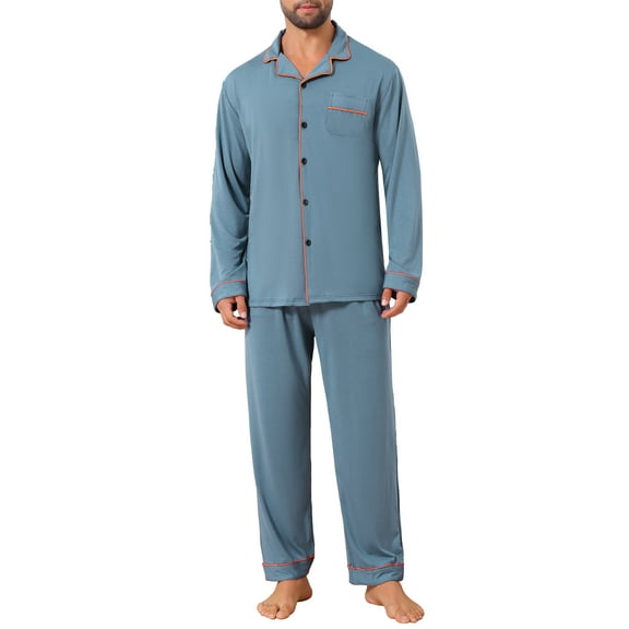 INSPIRE CHIC Men's 2 Pieces Long Sleeve Solid Color Button Down Casual Pajamas Set M Gray Blue