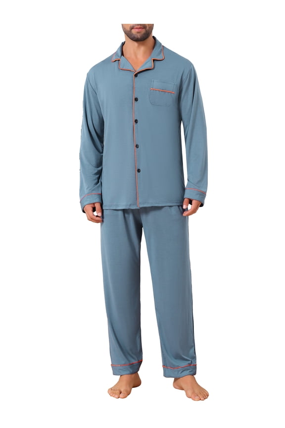 Men's 2 Pieces Long Sleeve Solid Color Button Down Casual Pajamas Set S Gray Blue