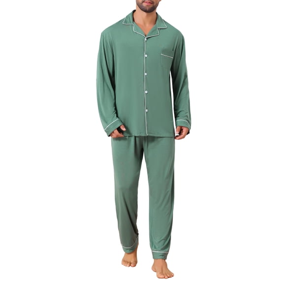 INSPIRE CHIC Men's 2 Pieces Long Sleeve Solid Color Button Down Casual Pajamas Set S Light Green