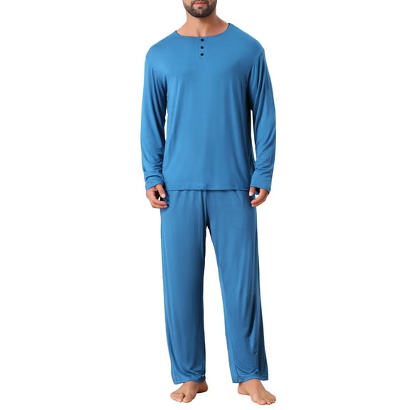 INSPIRE CHIC Men's 2 Pieces Long Sleeve Solid Color Crew Neck Casual Pajamas Set S Dark Blue