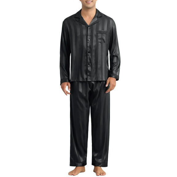 INSPIRE CHIC Men's 2 Pieces Satin Long Sleeve Striped Button Down Casual Pajamas Set 2XL Black