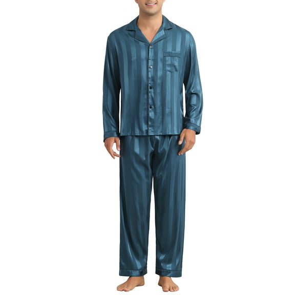 INSPIRE CHIC Men's 2 Pieces Satin Long Sleeve Striped Button Down Casual Pajamas Set L Dark Blue