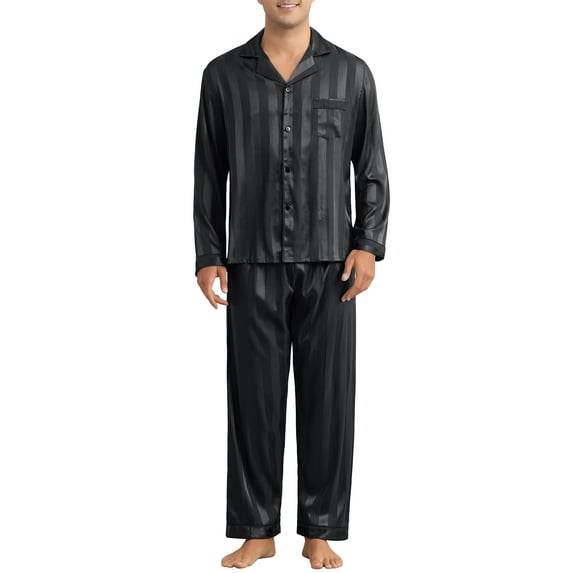 INSPIRE CHIC Men's 2 Pieces Satin Long Sleeve Striped Button Down Casual Pajamas Set M Black
