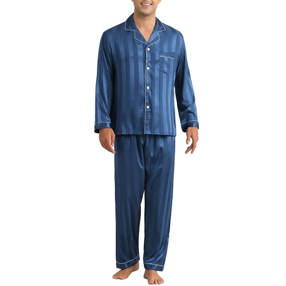 INSPIRE CHIC Men's 2 Pieces Satin Long Sleeve Striped Button Down Casual Pajamas Set M Navy