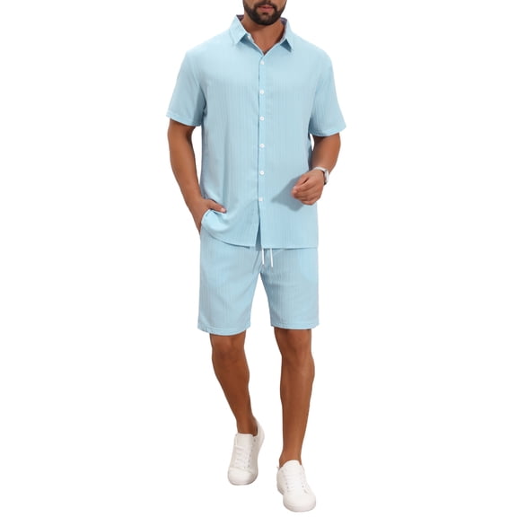INSPIRE CHIC Men's 2 Pieces Sets Beach Short Sleeve Shirt & Shorts Striped Textured Outfits 3XL Light Blue