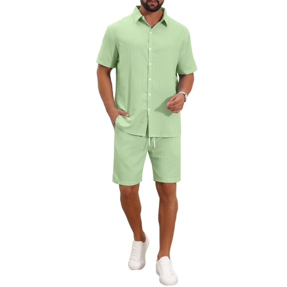 INSPIRE CHIC Men's 2 Pieces Sets Beach Short Sleeve Shirt & Shorts Striped Textured Outfits 3XL Light Green