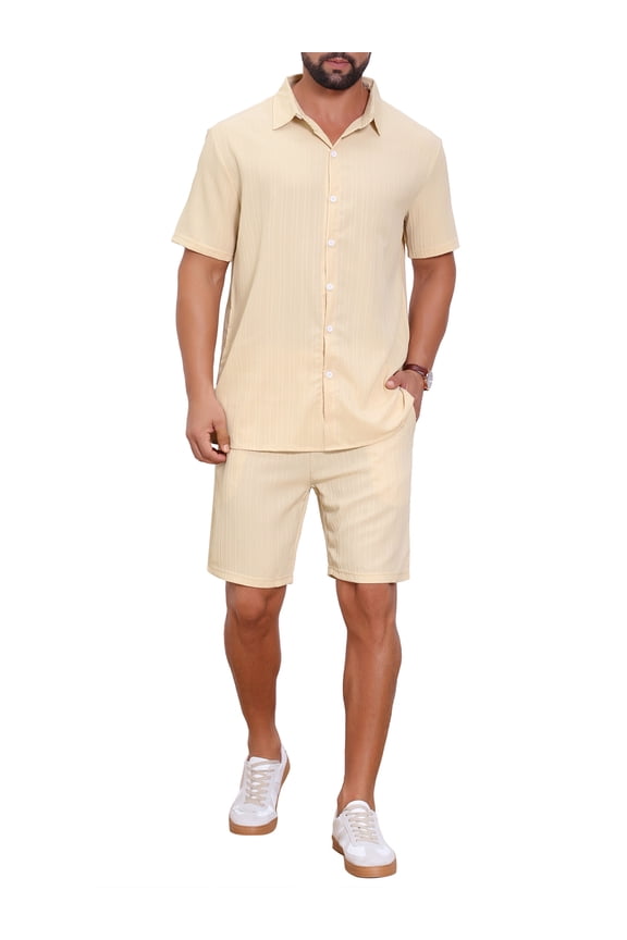Men's 2 Pieces Sets Beach Short Sleeve Shirt & Shorts Striped Textured Outfits M Beige