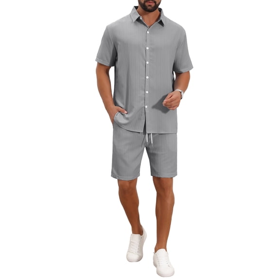 INSPIRE CHIC Men's 2 Pieces Sets Beach Short Sleeve Shirt & Shorts Striped Textured Outfits M Gray