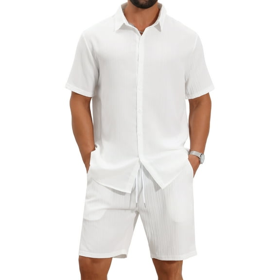 INSPIRE CHIC Men's 2 Pieces Sets Beach Short Sleeve Shirt & Shorts Striped Textured Outfits M White