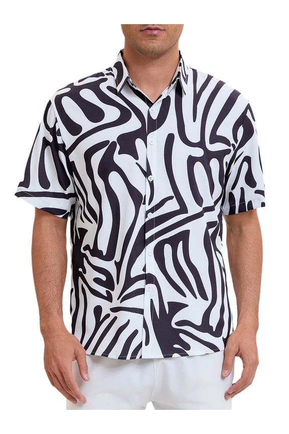 Men's Animal Print Short Sleeves Casual Summer Printed Shirts S Black White