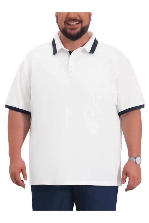 Men's Big & Tall Contrast Color Short Sleeve Button Down Work Formal Polo Shirts 4XL White