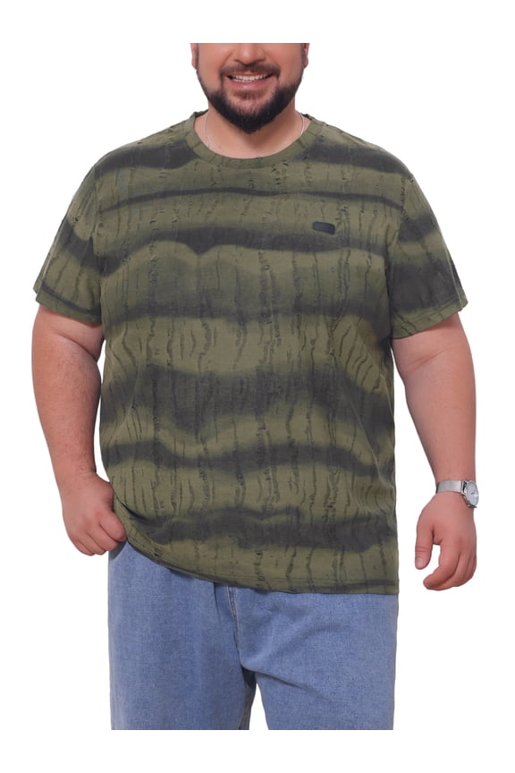 Men's Big & Tall Tie-Dye Striped Crew Neck Short Sleeve Distressed Ripped T-Shirts XL Olive Green