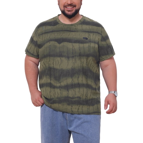 INSPIRE CHIC Men's Big & Tall Tie-Dye Striped Crew Neck Short Sleeve Distressed Ripped T-Shirts XL Olive Green