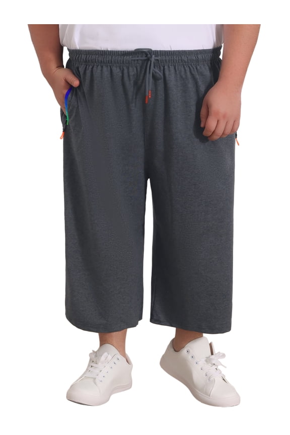 Men's Big & Tall Zipper Pockets Stretch Drawstring Sport Gym Capri Pants 2XL Gray