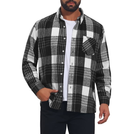INSPIRE CHIC Men's Brushed Cotton Retro Long Sleeve Casual Plaid Flannel Shirt L Black White