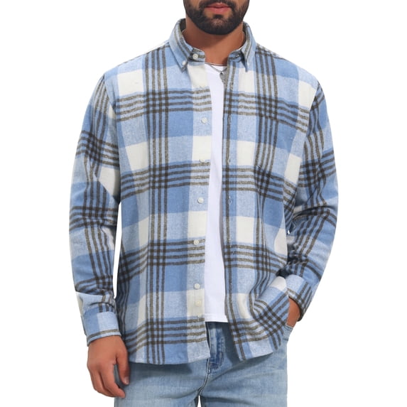 INSPIRE CHIC Men's Brushed Cotton Retro Long Sleeve Casual Plaid Flannel Shirt S Blue Gray