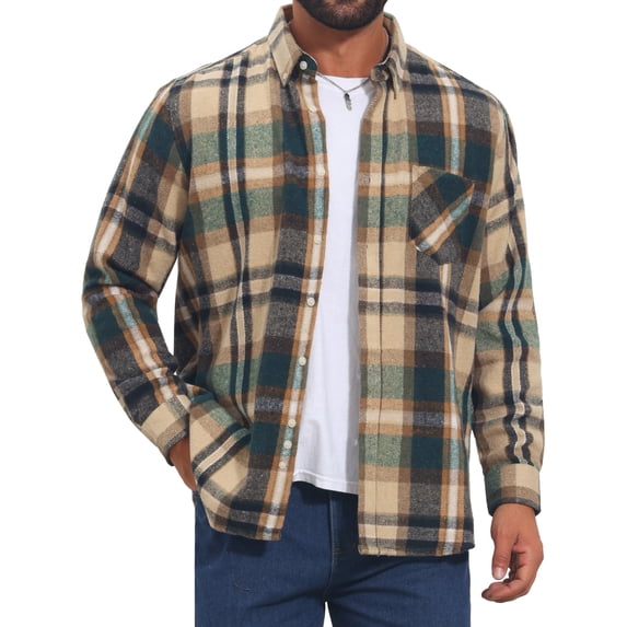 INSPIRE CHIC Men's Brushed Cotton Retro Long Sleeve Casual Plaid Flannel Shirt S Khaki Green