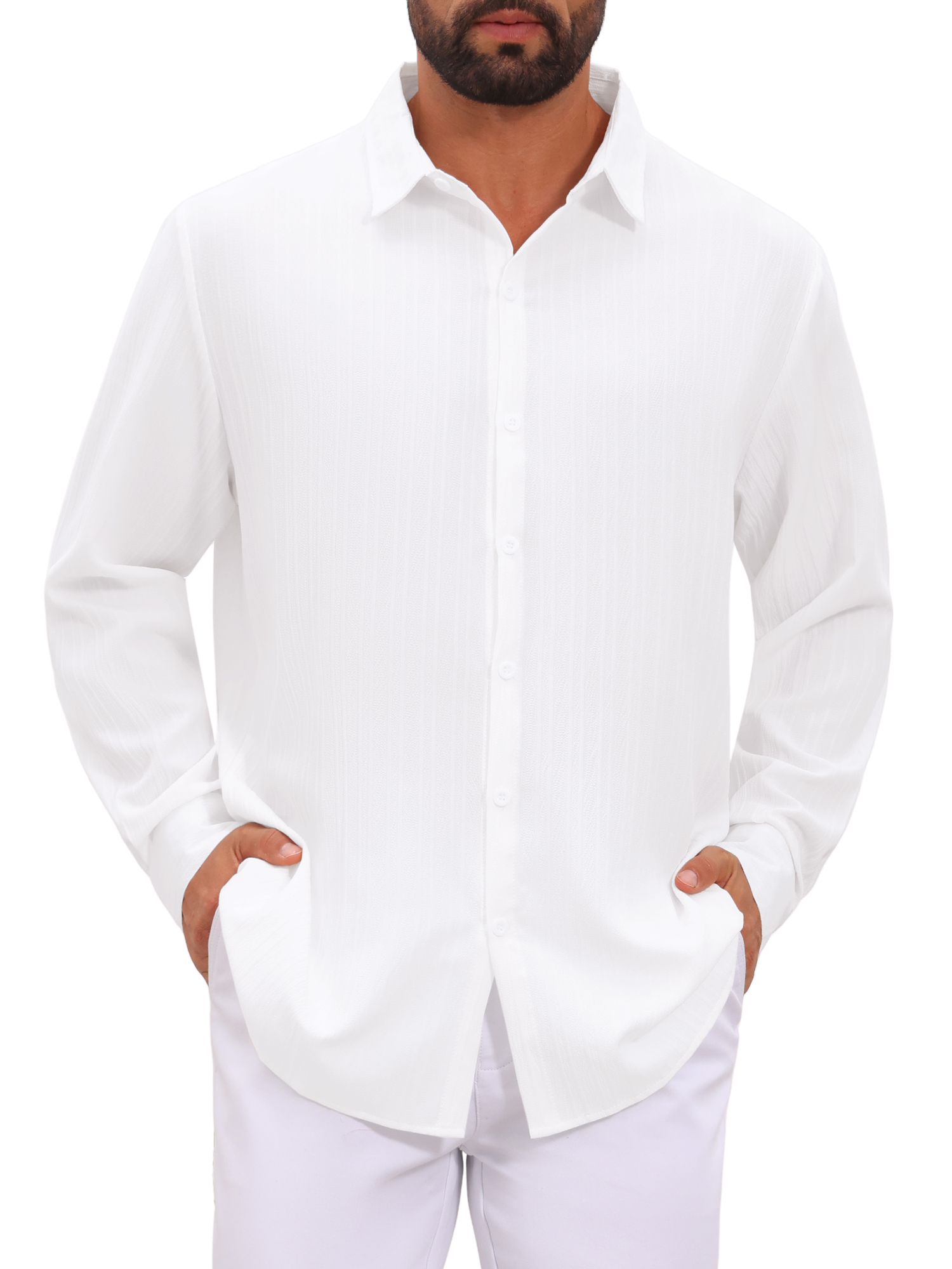 INSPIRE CHIC Men's Dress Shirt Textured Stripes Long Sleeve Button Down Shirt L White
