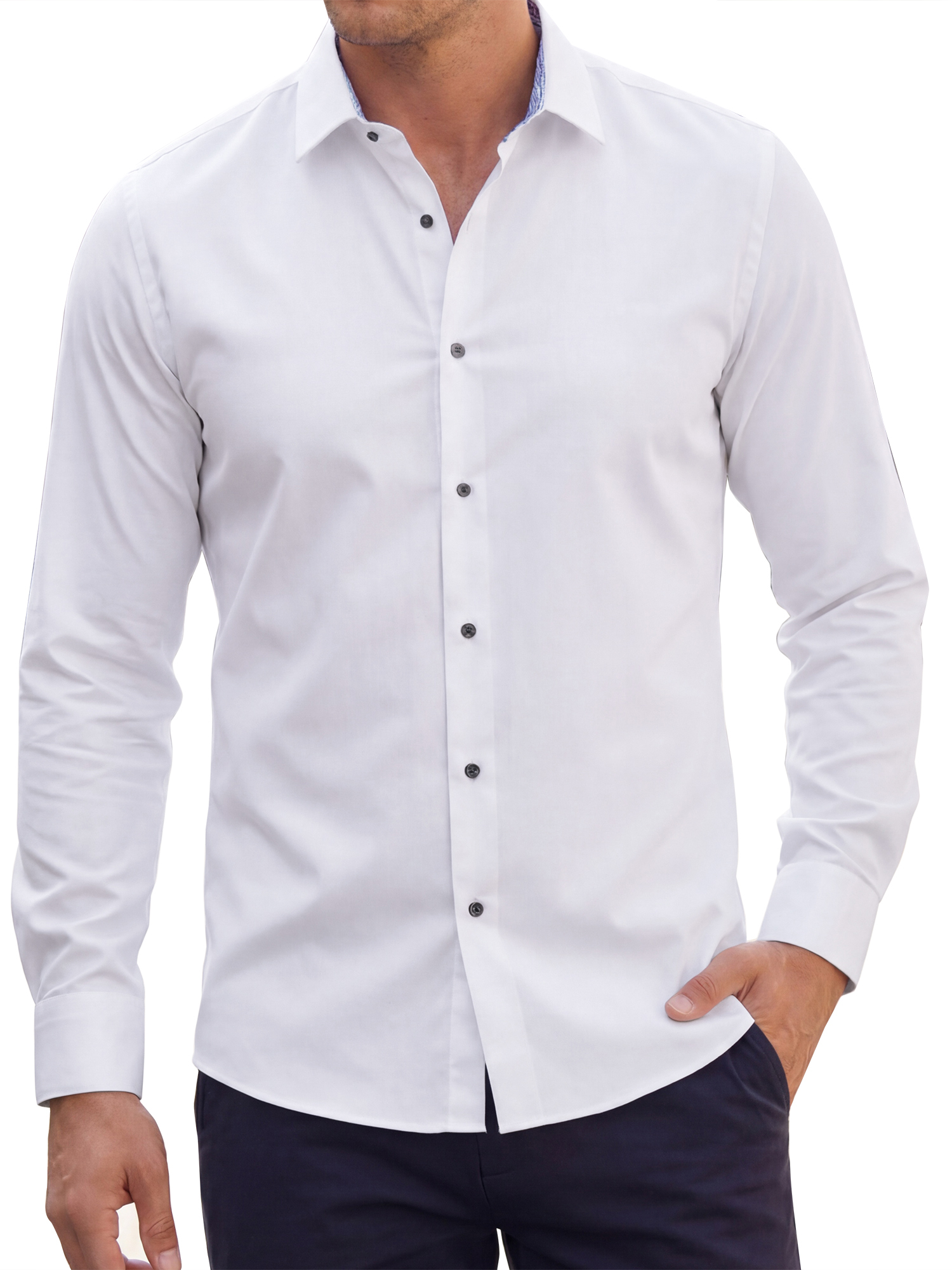 INSPIRE CHIC Men's Dress Shirt Two-Tone Collar Long Sleeve Button Down Shirt Top M White