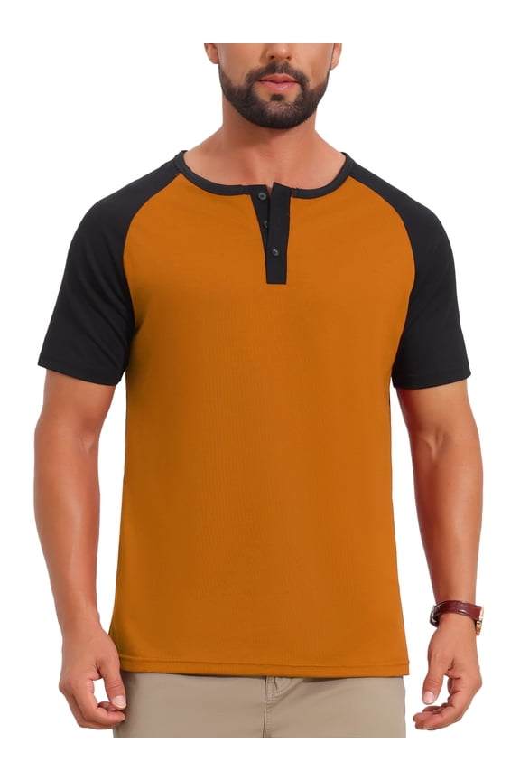 Men's Button Down Color Block Short Sleeve Raglan Henley Shirts S Orange