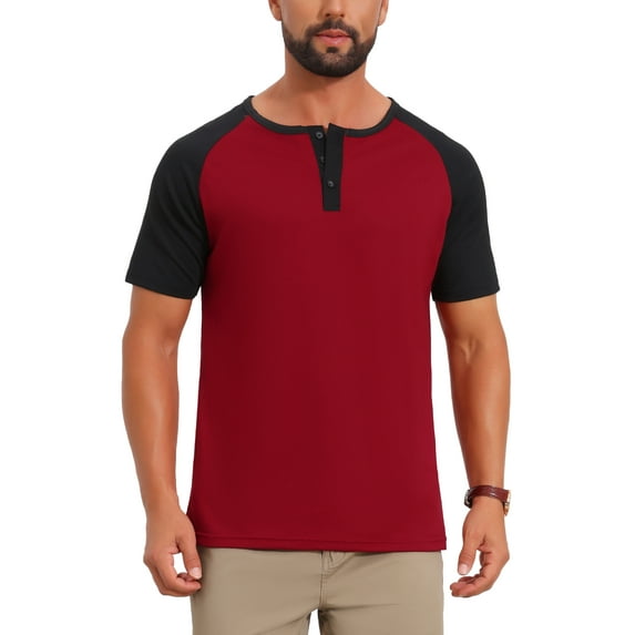 INSPIRE CHIC Men's Button Down Color Block Short Sleeve Raglan Henley Shirts XL Burgundy