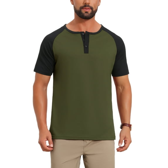 INSPIRE CHIC Men's Button Down Color Block Short Sleeve Raglan Henley Shirts XL Olive Green